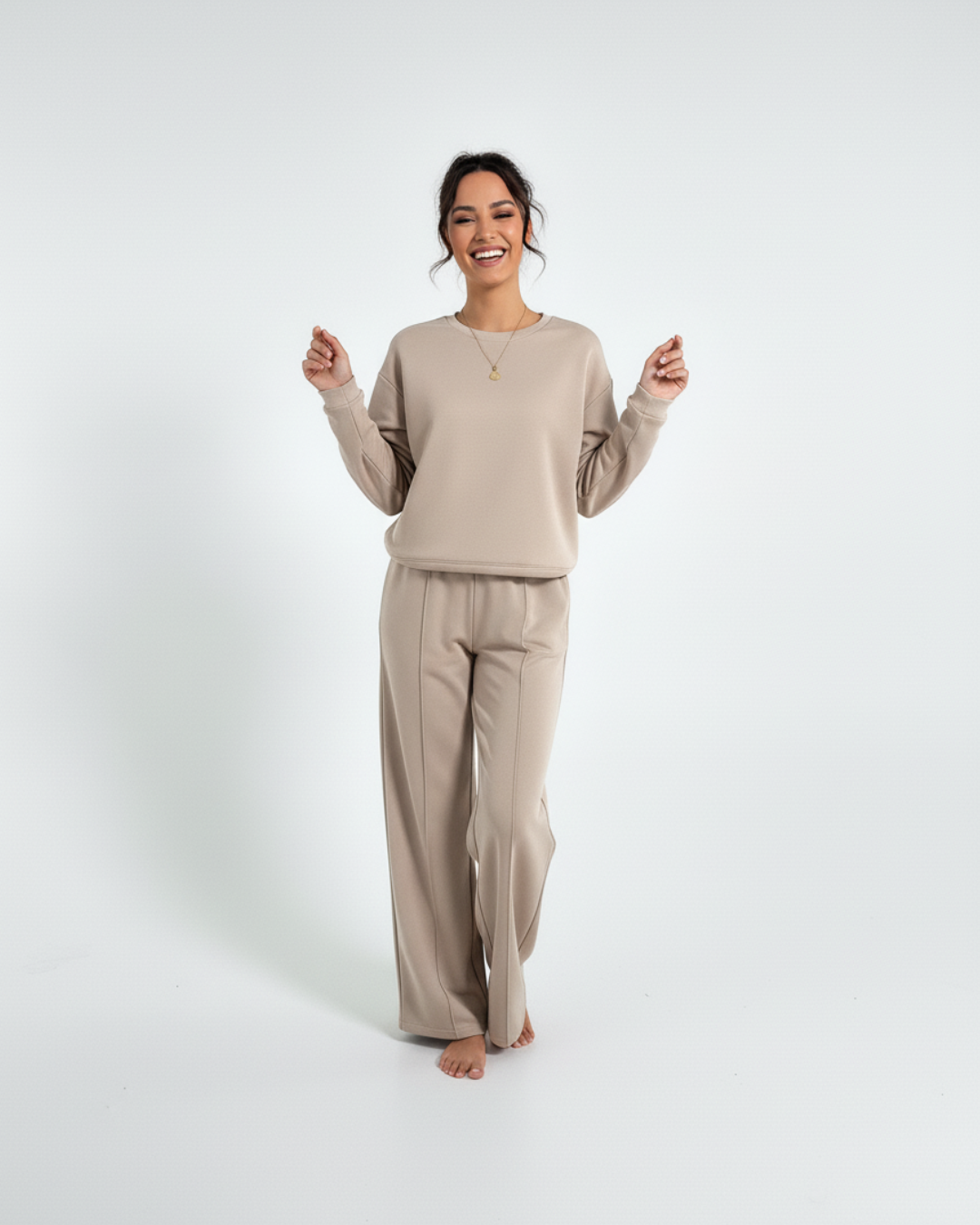 Beige Lounge Tracksuit – Soft Long Sleeve Top & Wide-Leg Pants