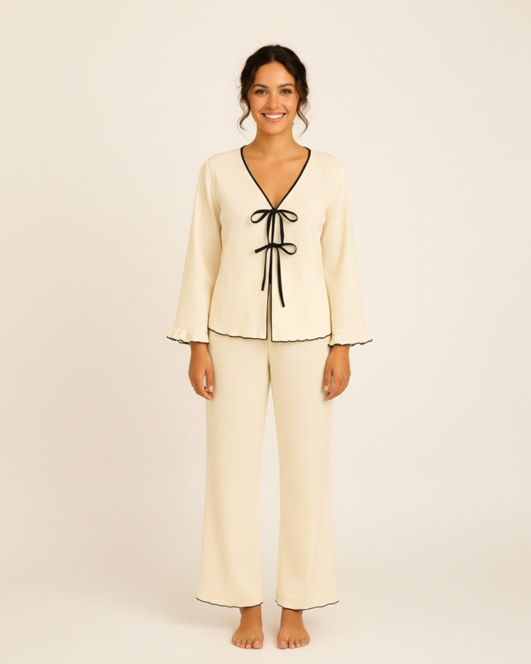 Women’s Cotton Pajama Set with Bow Tie Detail – Long Sleeve Top and Pants PJ Set