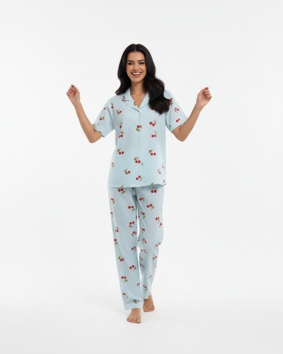 Blue Cherry Bliss Pajama Set – Short Sleeve Shirt & Full-Length Pants
