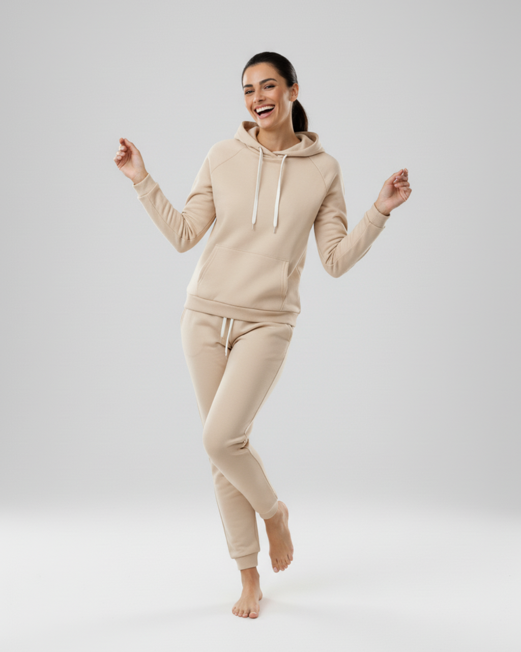 Women’s Sand Beige Hoodie Jogger Set – Two Piece Loungewear Tracksuit