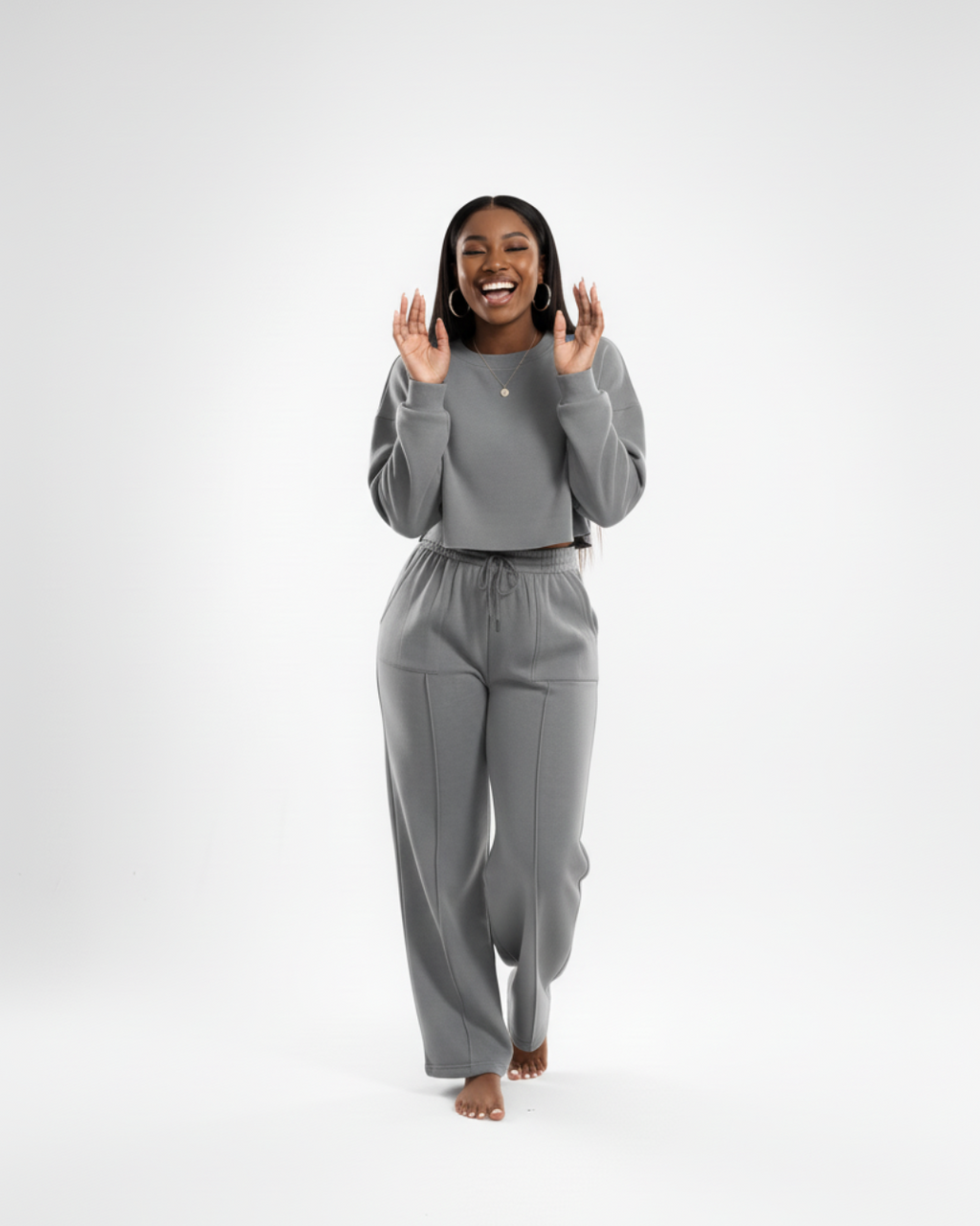 Women’s Charcoal Gray Soft Tracksuit – Two Piece Jogger Set with Cropped Sweatshirt