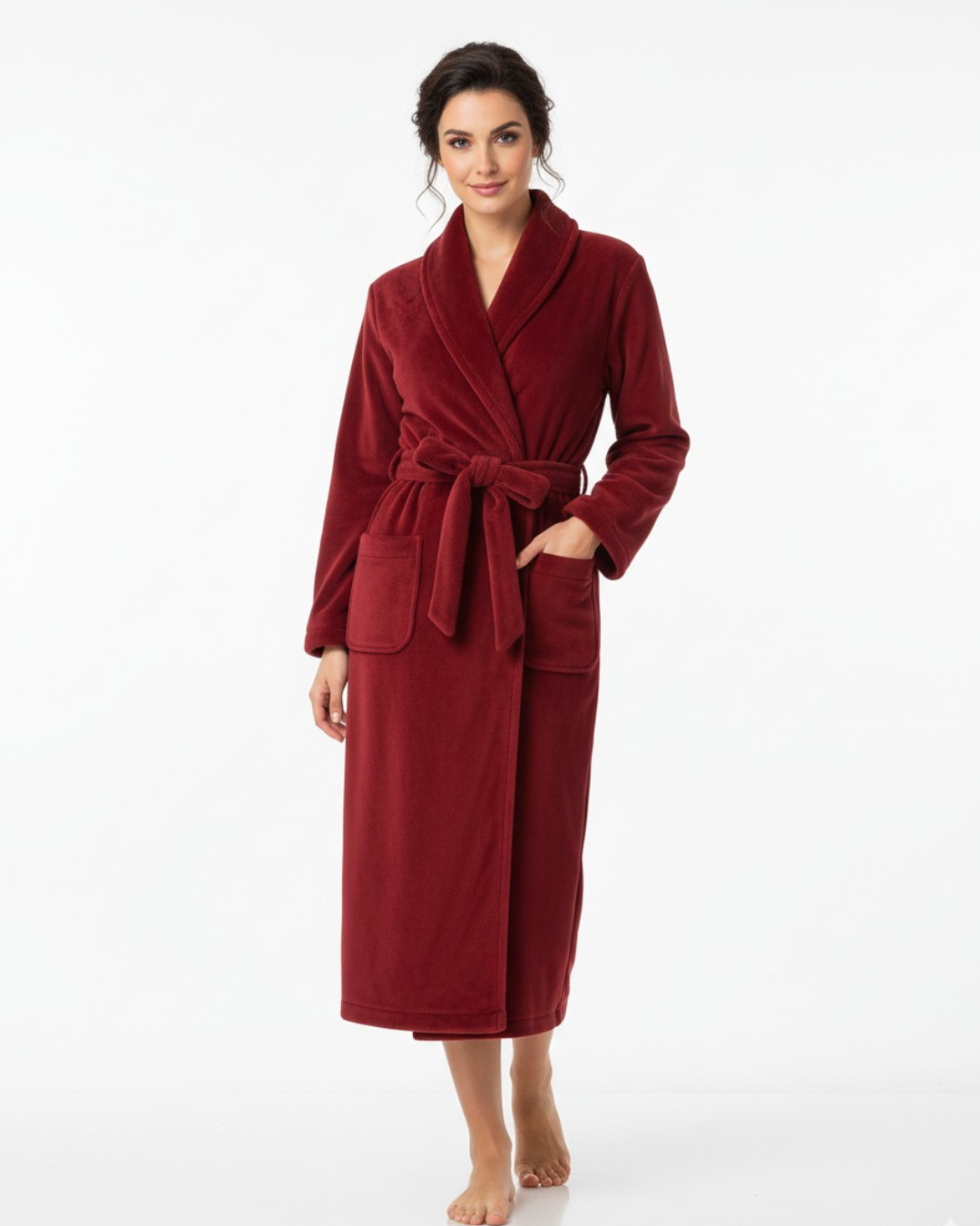 Women’s Fleece Robe with Pockets – Short Plush Belted Bathrobe