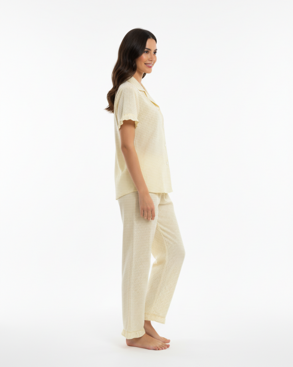 Women’s Yellow Pajama Set – Short Sleeve Button-Up Top & Long Pants Sleepwear with Checkered Print