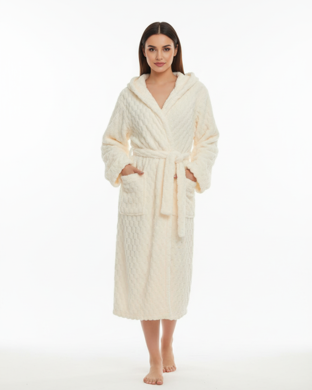 Women’s Hooded Bathrobe – Soft Plush Long Robe with Belt & Pockets, Warm Fleece Loungewear