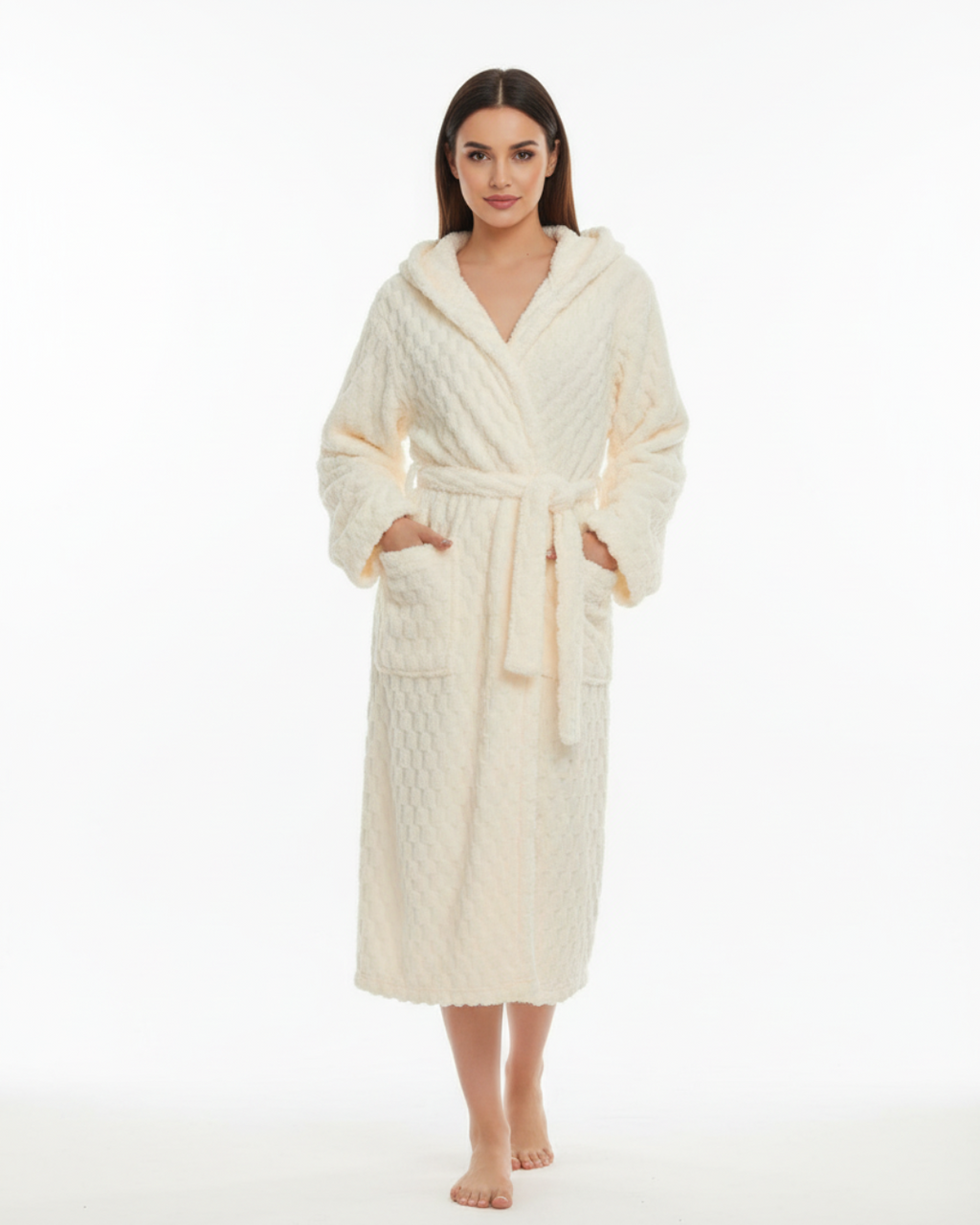 Women’s Hooded Bathrobe – Soft Plush Long Robe with Belt & Pockets, Warm Fleece Loungewear
