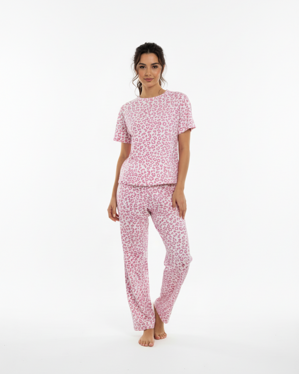 Women’s Leopard Print Pajama Set – Short Sleeve Top & Long Pants Sleepwear in Gray or Pink