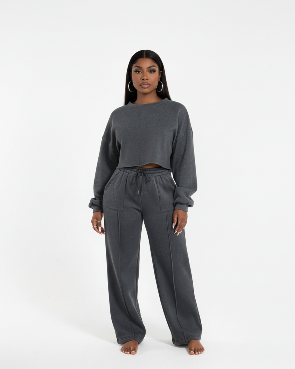 Women’s Dark Charcoal Tracksuit – Soft Two Piece Lounge Set with Cropped Sweatshirt