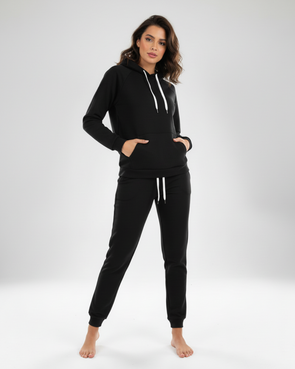 Women’s Black Hoodie Jogger Set – Two Piece Tracksuit with Hooded Top