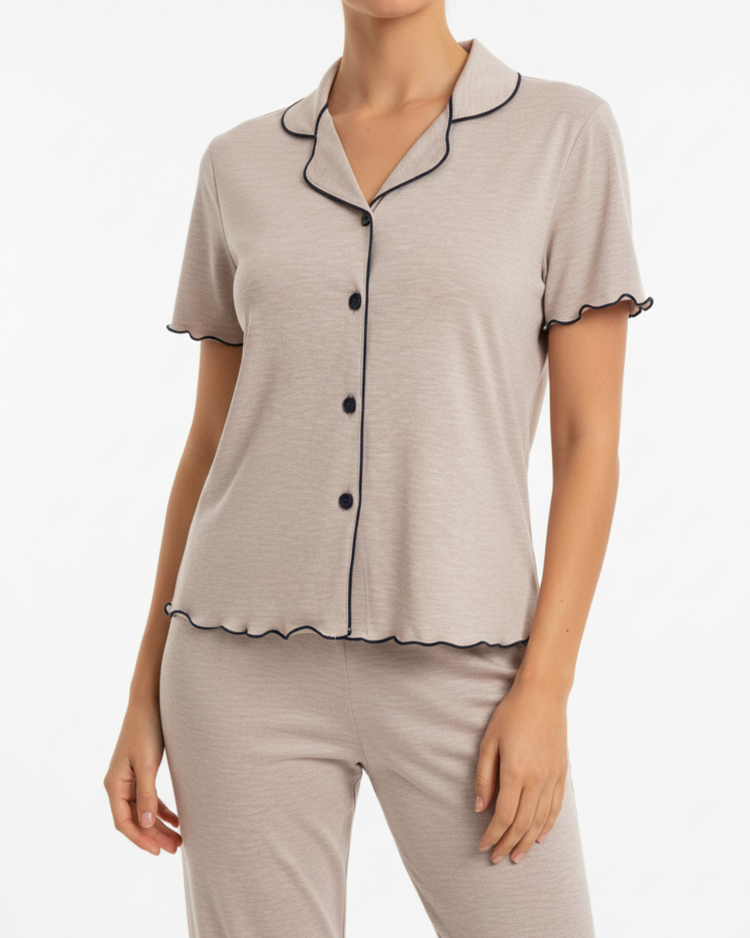 Women’s Beige Pajama Set with Black Piping – Short Sleeve Top and Long Pants