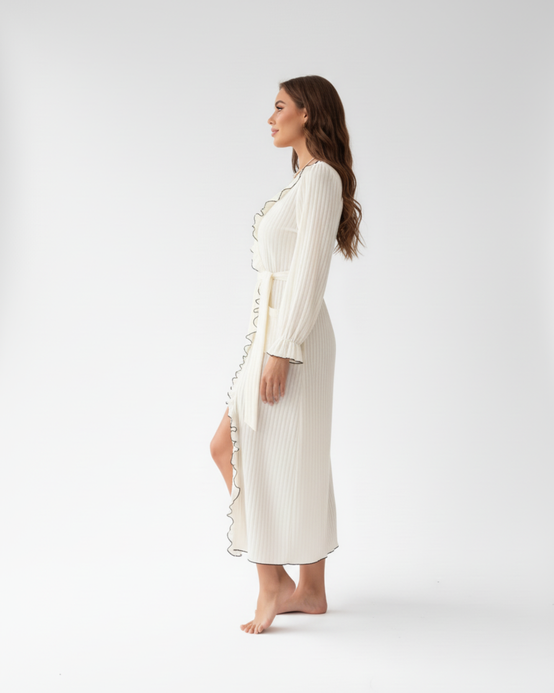 Women’s Cream Kimono Robe – Long Sleeve Wrap Robe with Ruffle Trim
