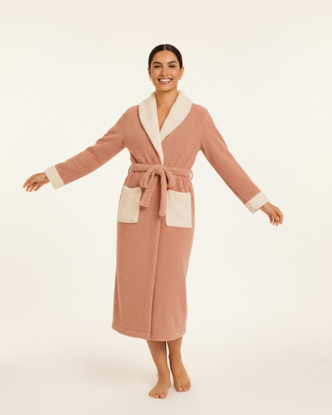 Women's Pink Plush Long Bathrobe - Fleece Bathrobe With Belt