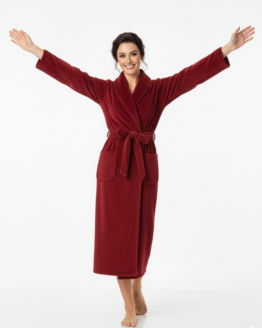 Women’s Fleece Robe with Pockets – Short Plush Belted Bathrobe