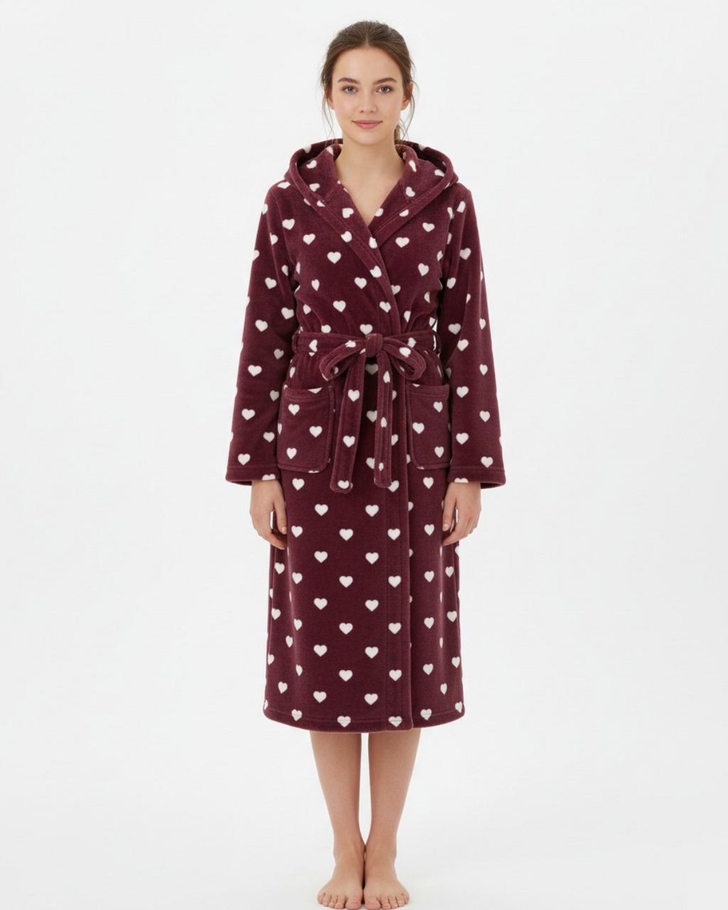 Women’s Plush Heart Print Bathrobe – Long Fleece Robe with Belt and Pockets