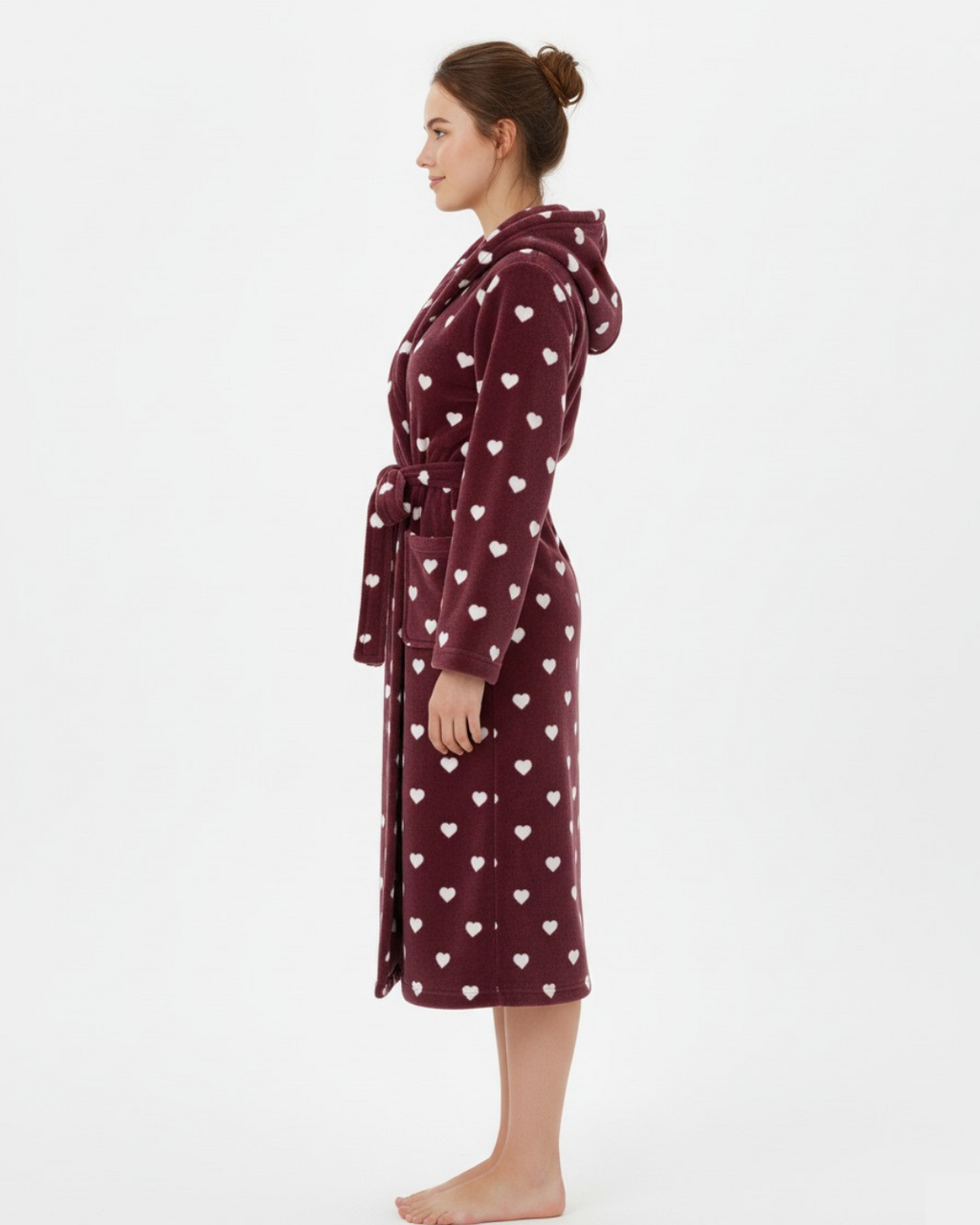 Women’s Plush Heart Print Bathrobe – Long Fleece Robe with Belt and Pockets
