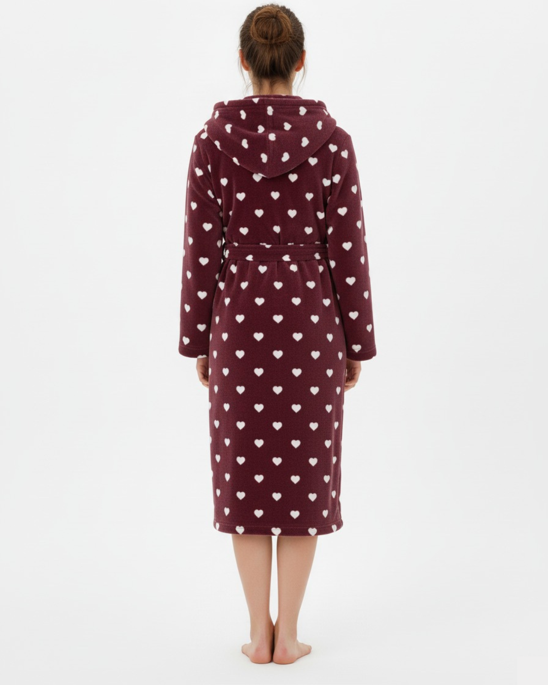 Women’s Plush Heart Print Bathrobe – Long Fleece Robe with Belt and Pockets