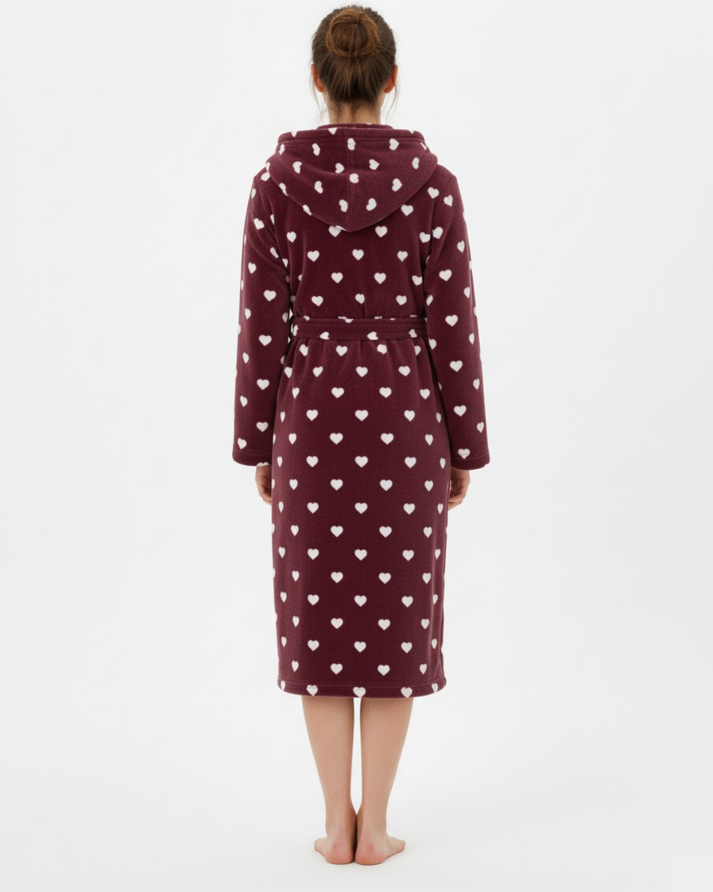 Women’s Plush Heart Print Bathrobe – Long Fleece Robe with Belt and Pockets