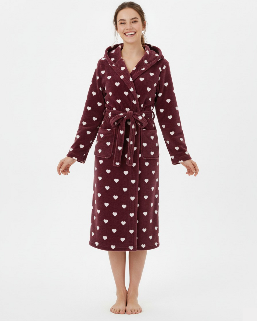 Women’s Plush Heart Print Bathrobe – Long Fleece Robe with Belt and Pockets