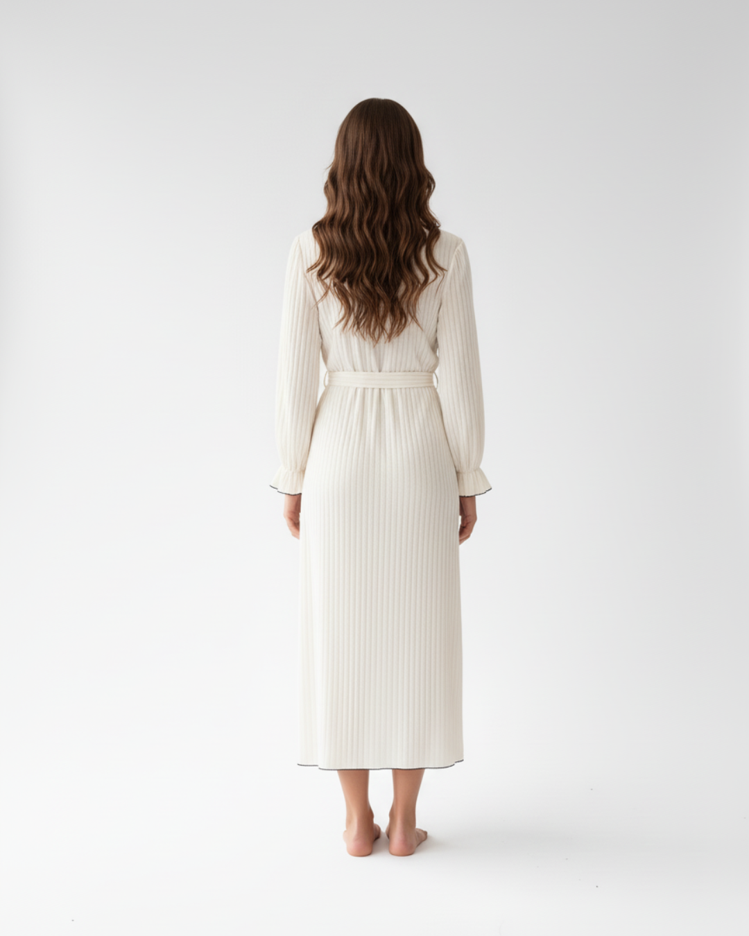 Women’s Cream Kimono Robe – Long Sleeve Wrap Robe with Ruffle Trim