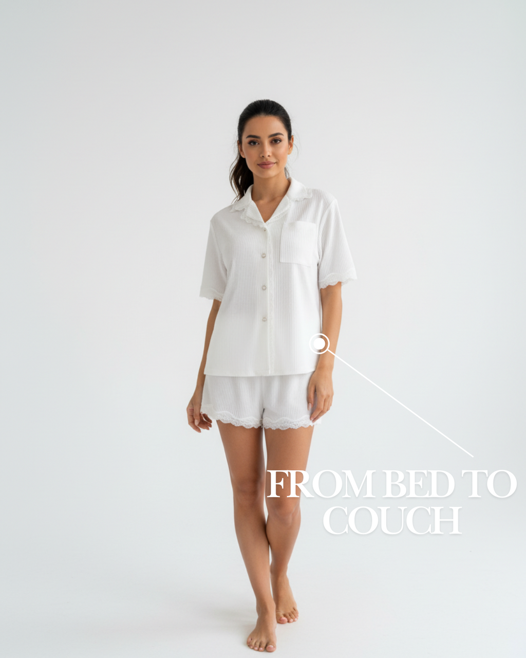 White Short Pajama Set – Button-Up Shirt & Lace Trim Shorts