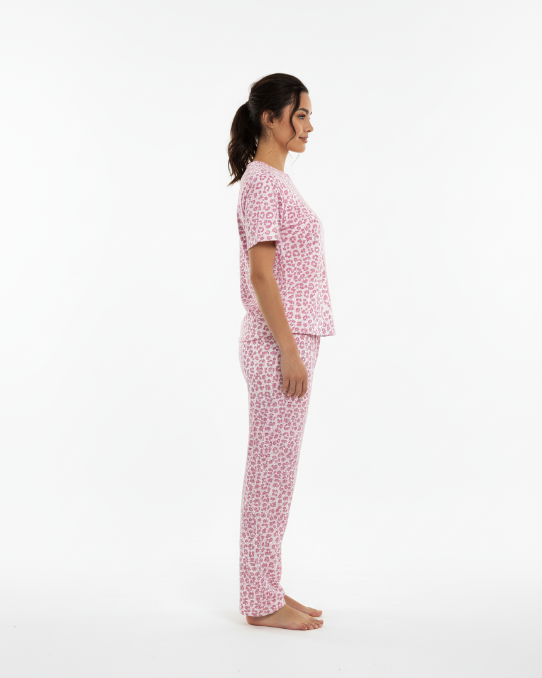 Women’s Leopard Print Pajama Set – Short Sleeve Top & Long Pants Sleepwear in Gray or Pink