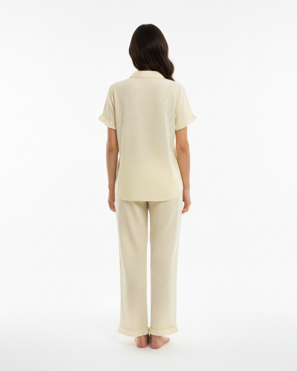 Women’s Yellow Pajama Set – Short Sleeve Button-Up Top & Long Pants Sleepwear with Checkered Print