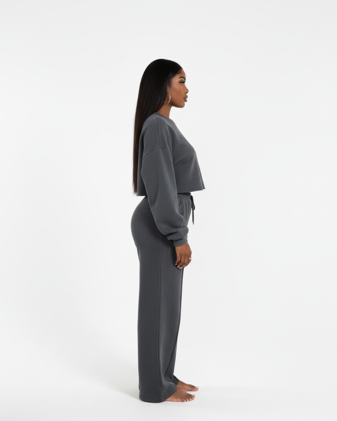 Women’s Dark Charcoal Tracksuit – Soft Two Piece Lounge Set with Cropped Sweatshirt