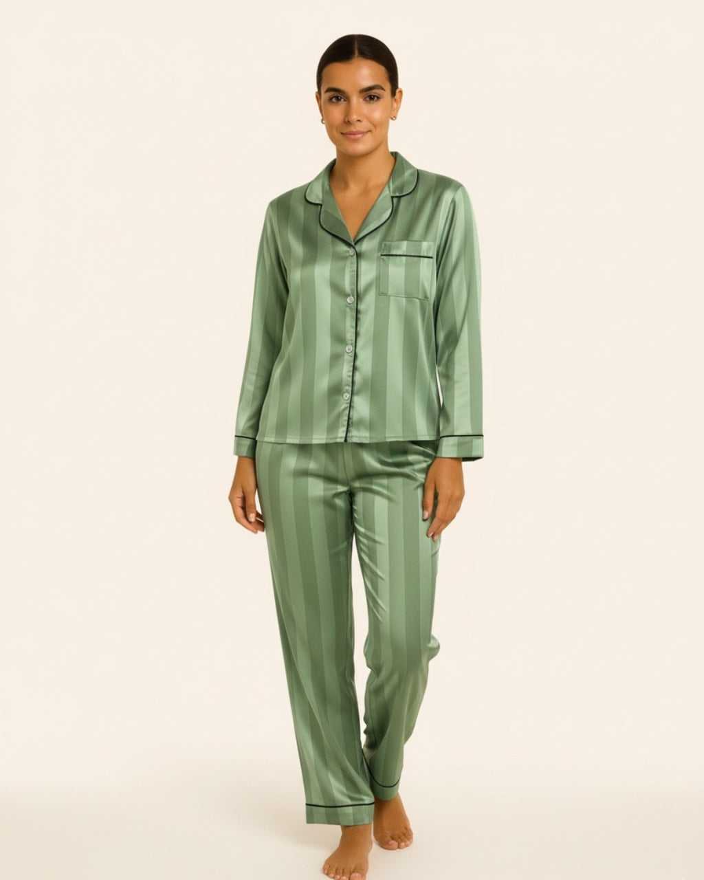 Women's Buttoned Long Pajama Set - Striped Long sleeve button-down top and matching pants