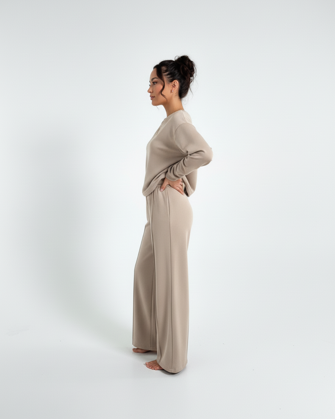 Beige Lounge Tracksuit – Soft Long Sleeve Top & Wide-Leg Pants