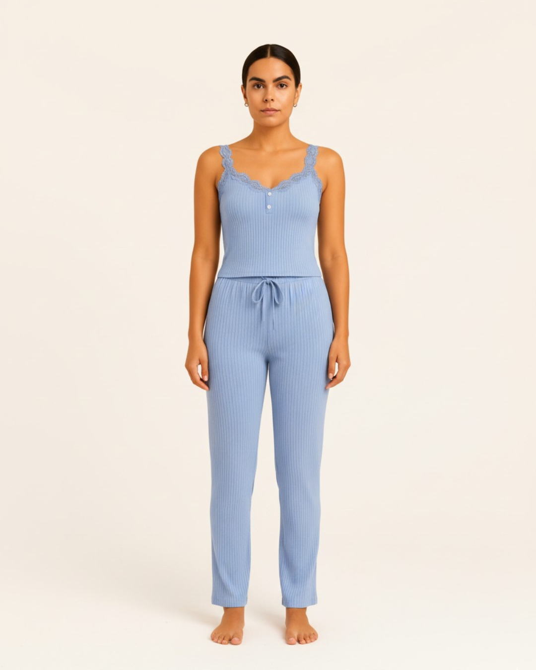 Women’s Cotton Pajama Set – Sleeveless Button Top and Drawstring Pants PJ Set