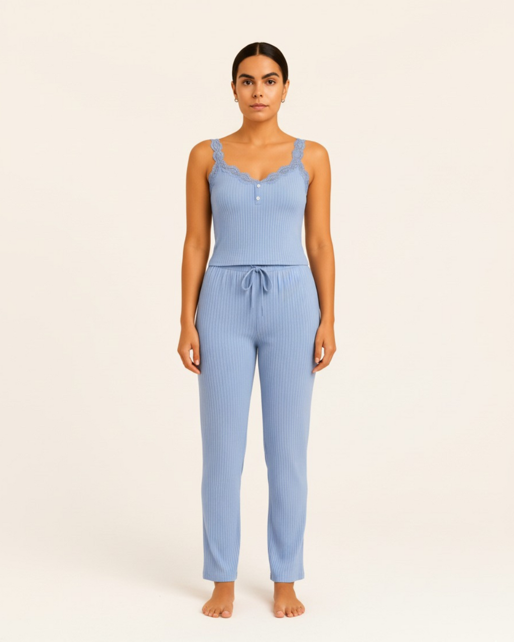 Women’s Cotton Pajama Set – Sleeveless Button Top and Drawstring Pants PJ Set