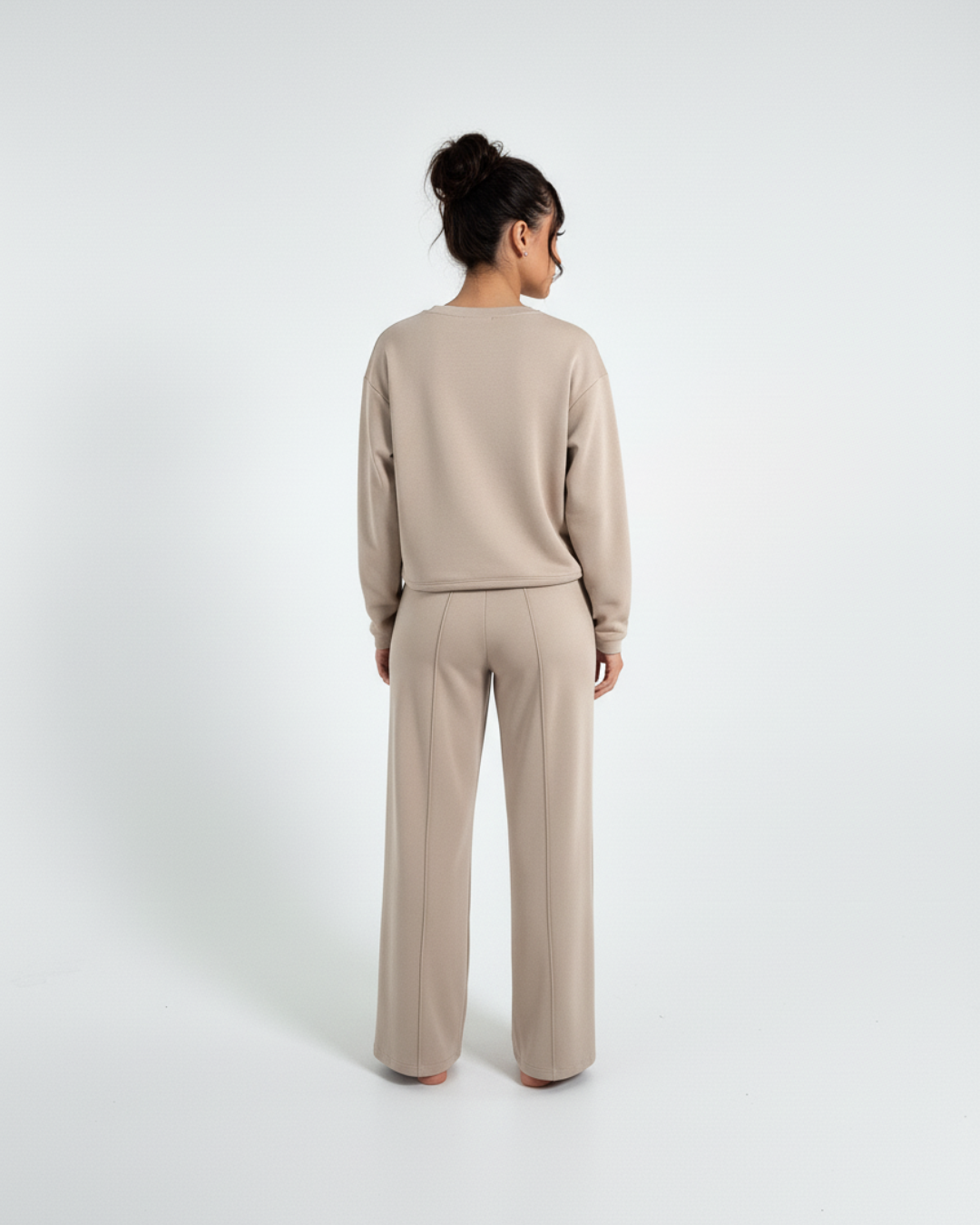 Beige Lounge Tracksuit – Soft Long Sleeve Top & Wide-Leg Pants