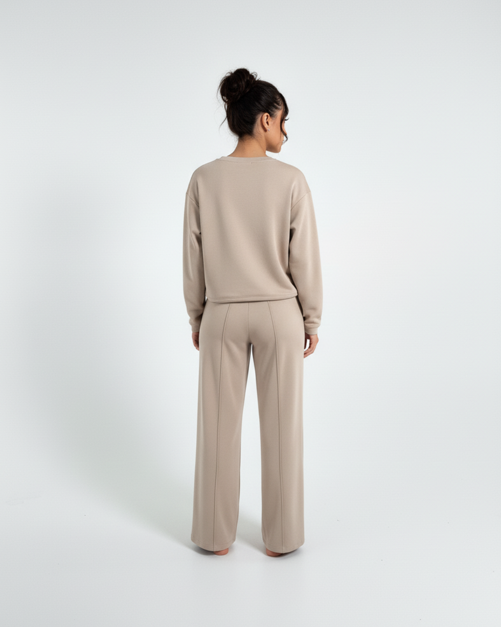 Beige Lounge Tracksuit – Soft Long Sleeve Top & Wide-Leg Pants