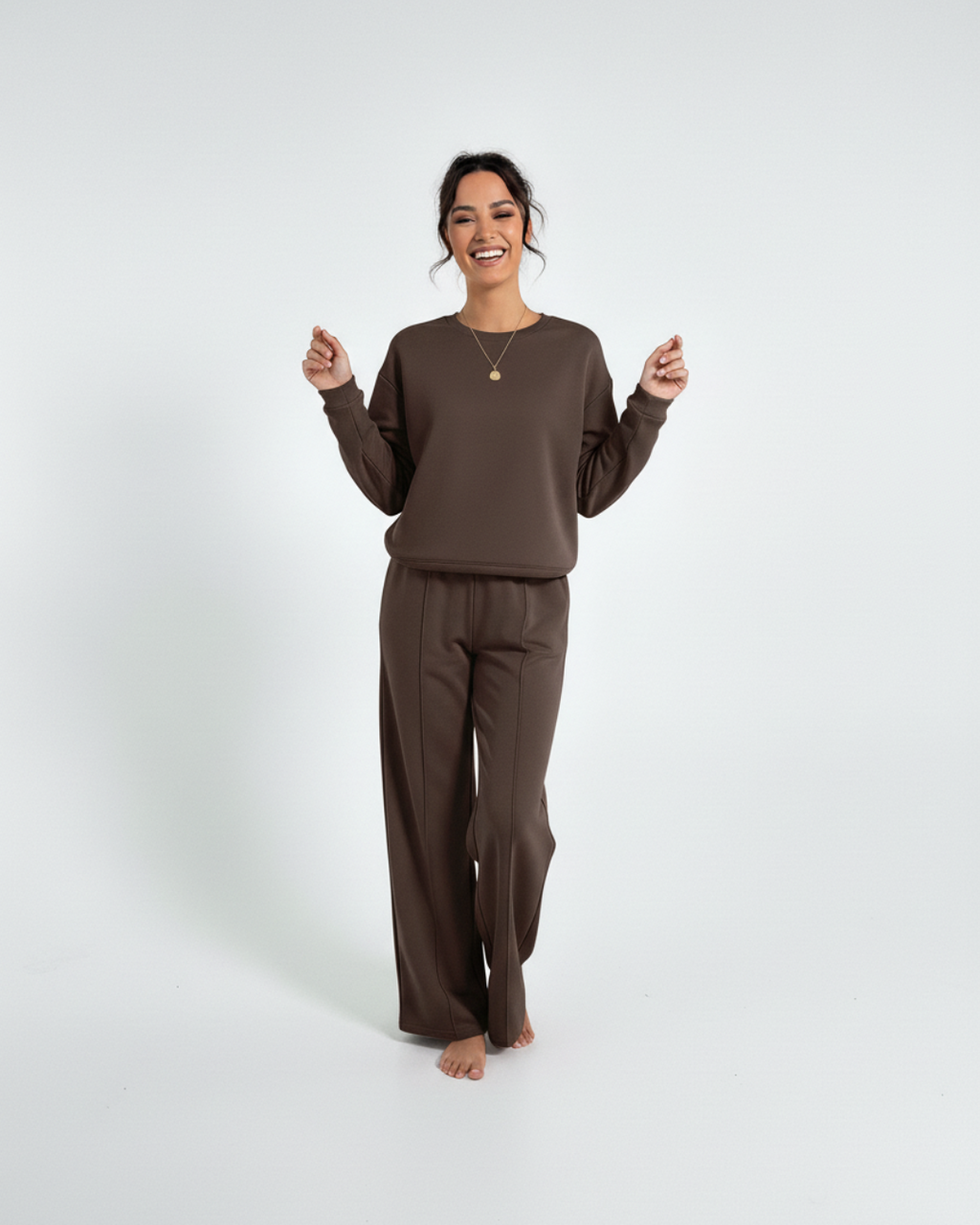Dark Brown Tracksuit – Cozy Long Sleeve Top & Relaxed Wide-Leg Pants