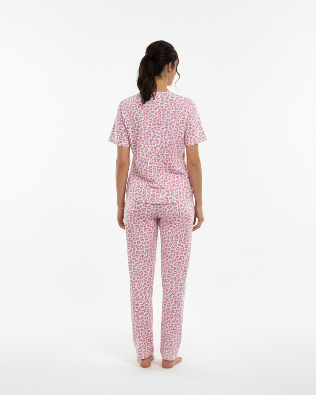Women’s Leopard Print Pajama Set – Short Sleeve Top & Long Pants Sleepwear in Gray or Pink