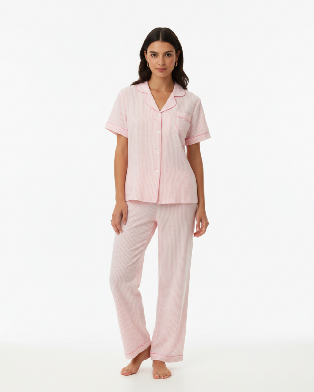 Women’s Pink Striped Pajama Set – Short Sleeve Button-Up Top and Long Pants