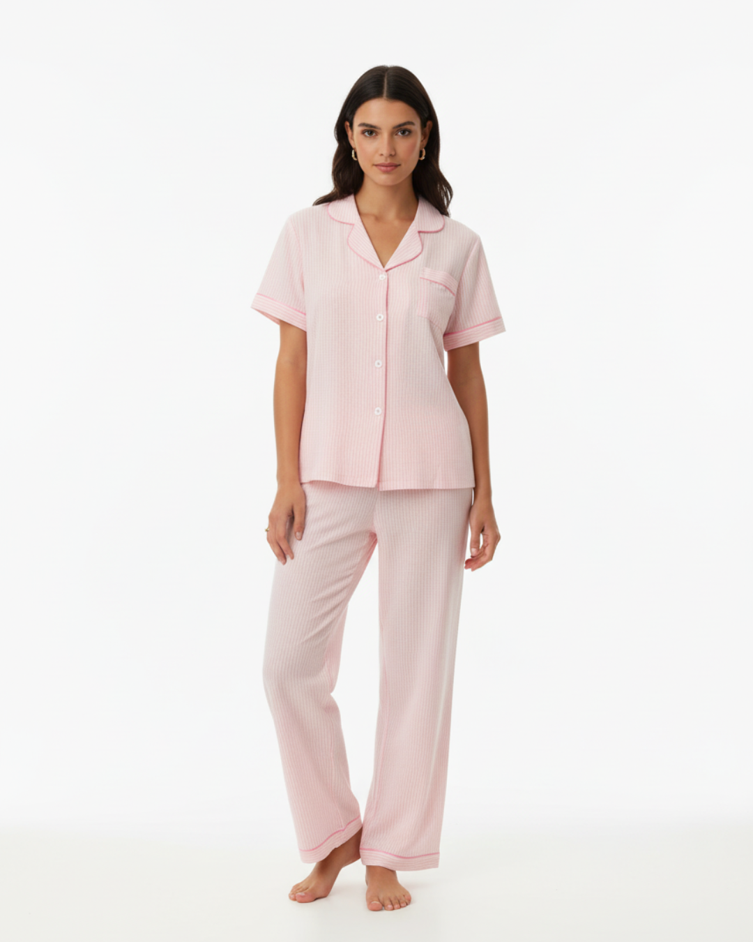 Women’s Pink Striped Pajama Set – Short Sleeve Button-Up Top and Long Pants