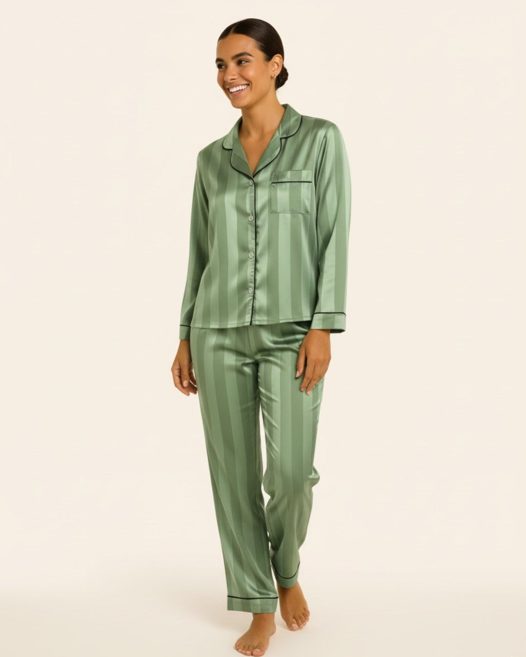 Women's Buttoned Long Pajama Set - Striped Long sleeve button-down top and matching pants