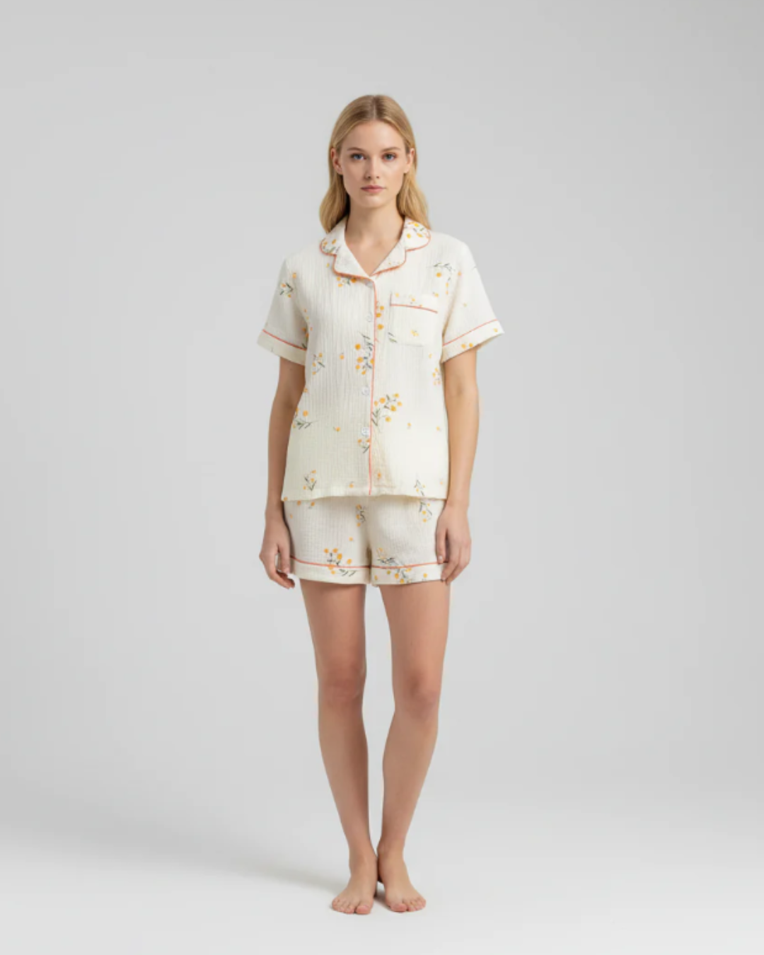 Women’s Comfortable Cotton Pajama Set – Fruit Print Shorts and Top