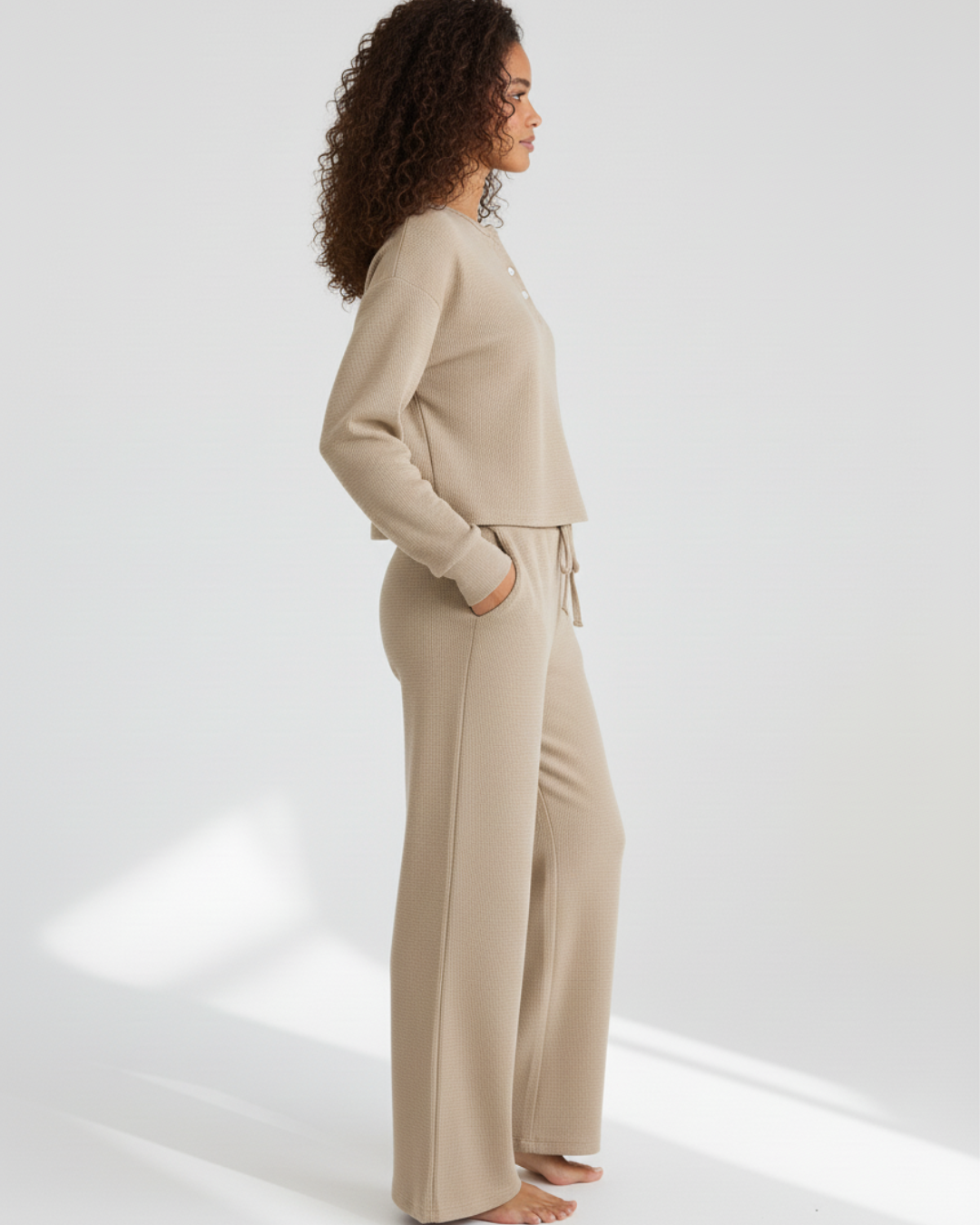 Beige Long Pajama Set – Soft Henley Top with Wide-Leg Pants