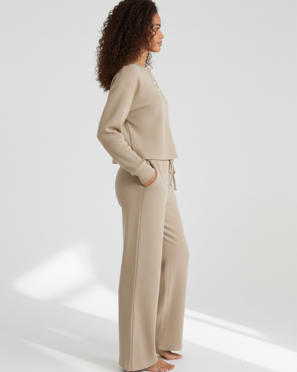 Beige Long Pajama Set – Soft Henley Top with Wide-Leg Pants