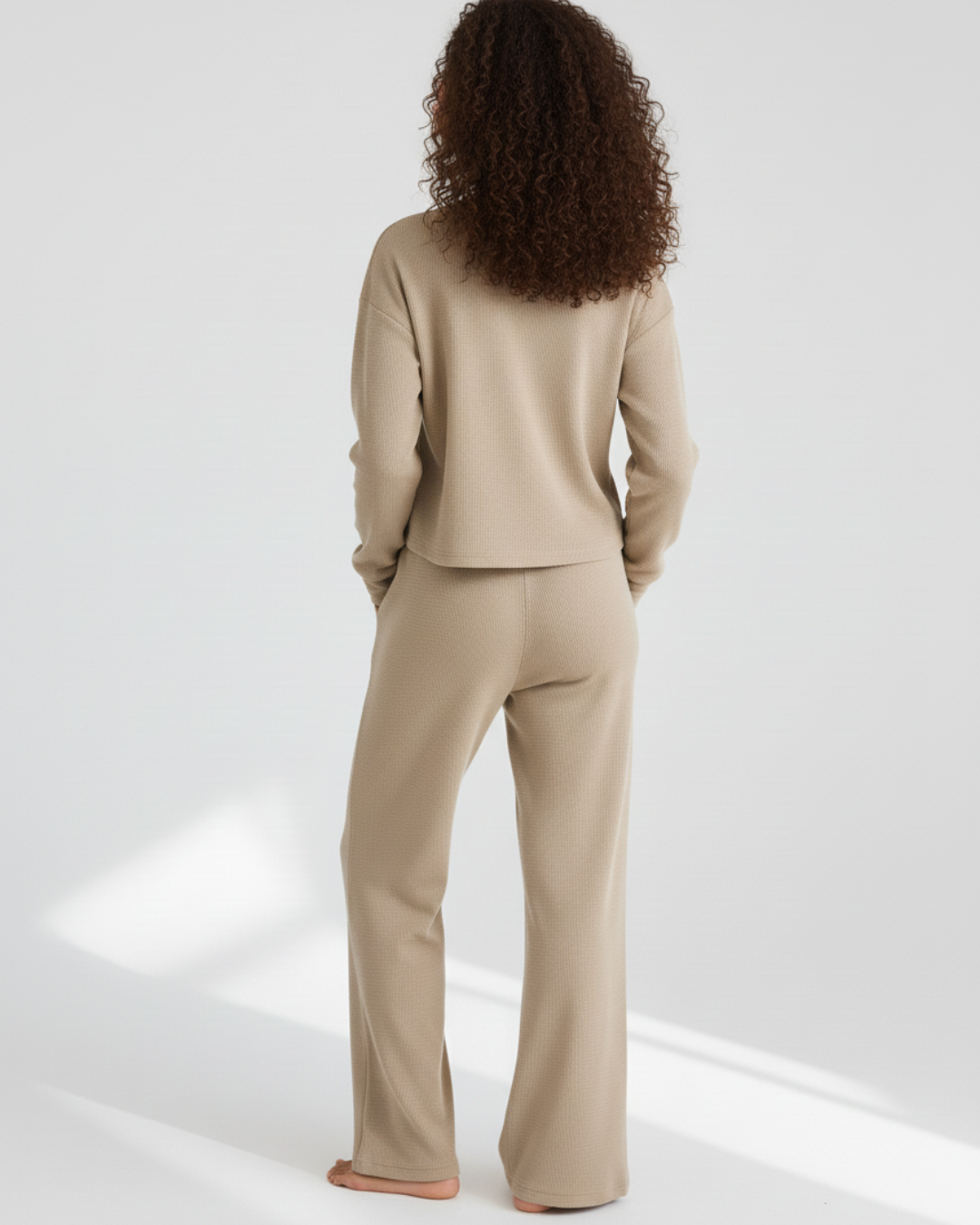Beige Long Pajama Set – Soft Henley Top with Wide-Leg Pants
