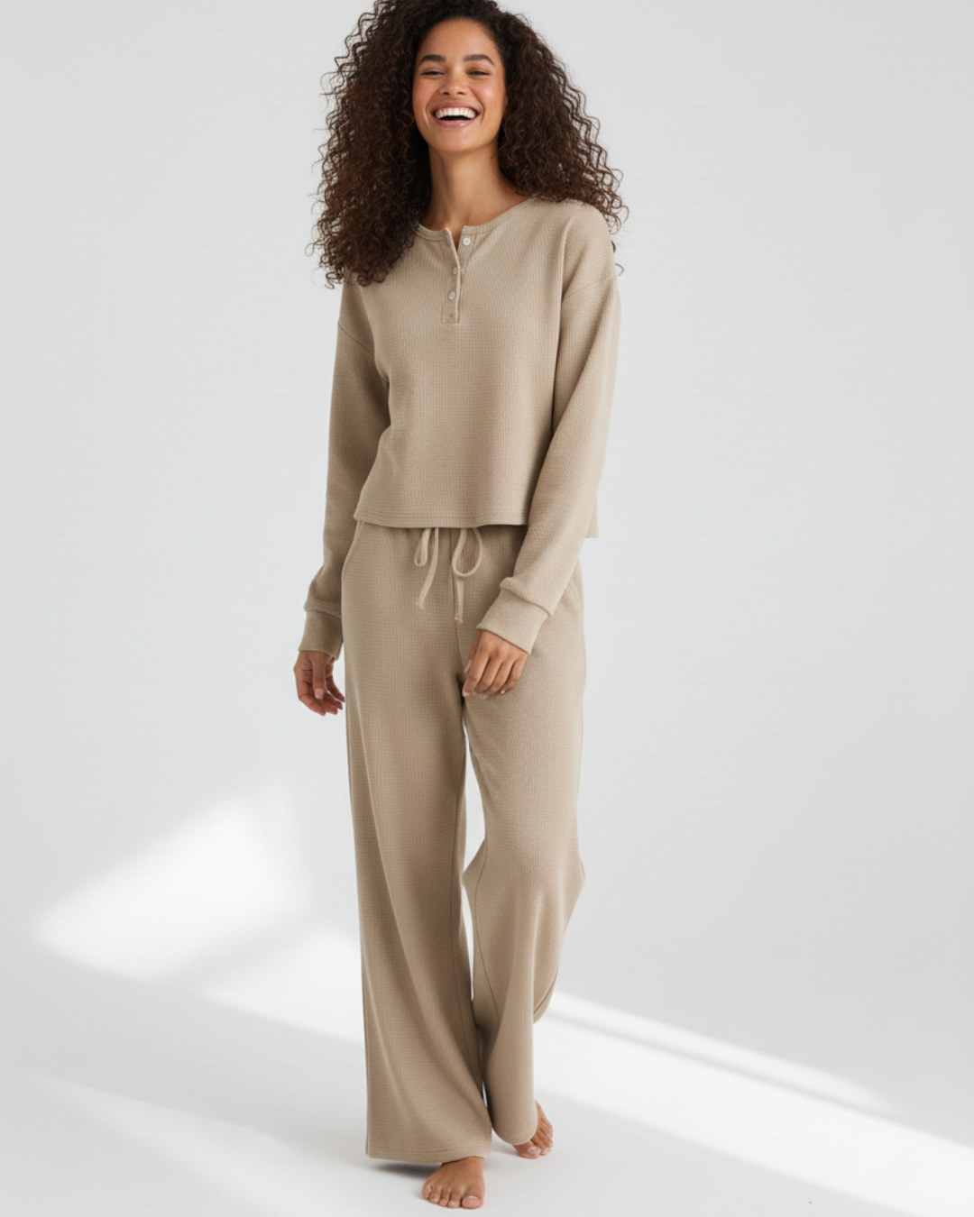 Beige Long Pajama Set – Soft Henley Top with Wide-Leg Pants