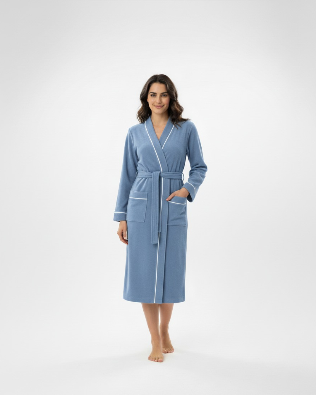 Women’s Bathrobe with Piping – Long Cotton Robe with Belt and Pockets