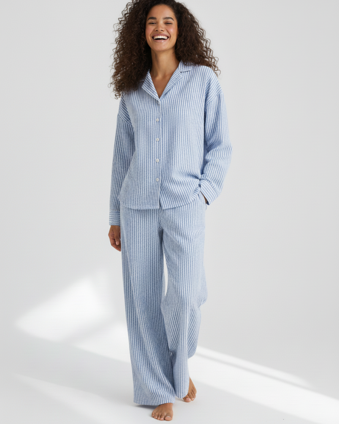 Blue Striped Long Pajama Set – Classic Button-Up with Wide-Leg Pants
