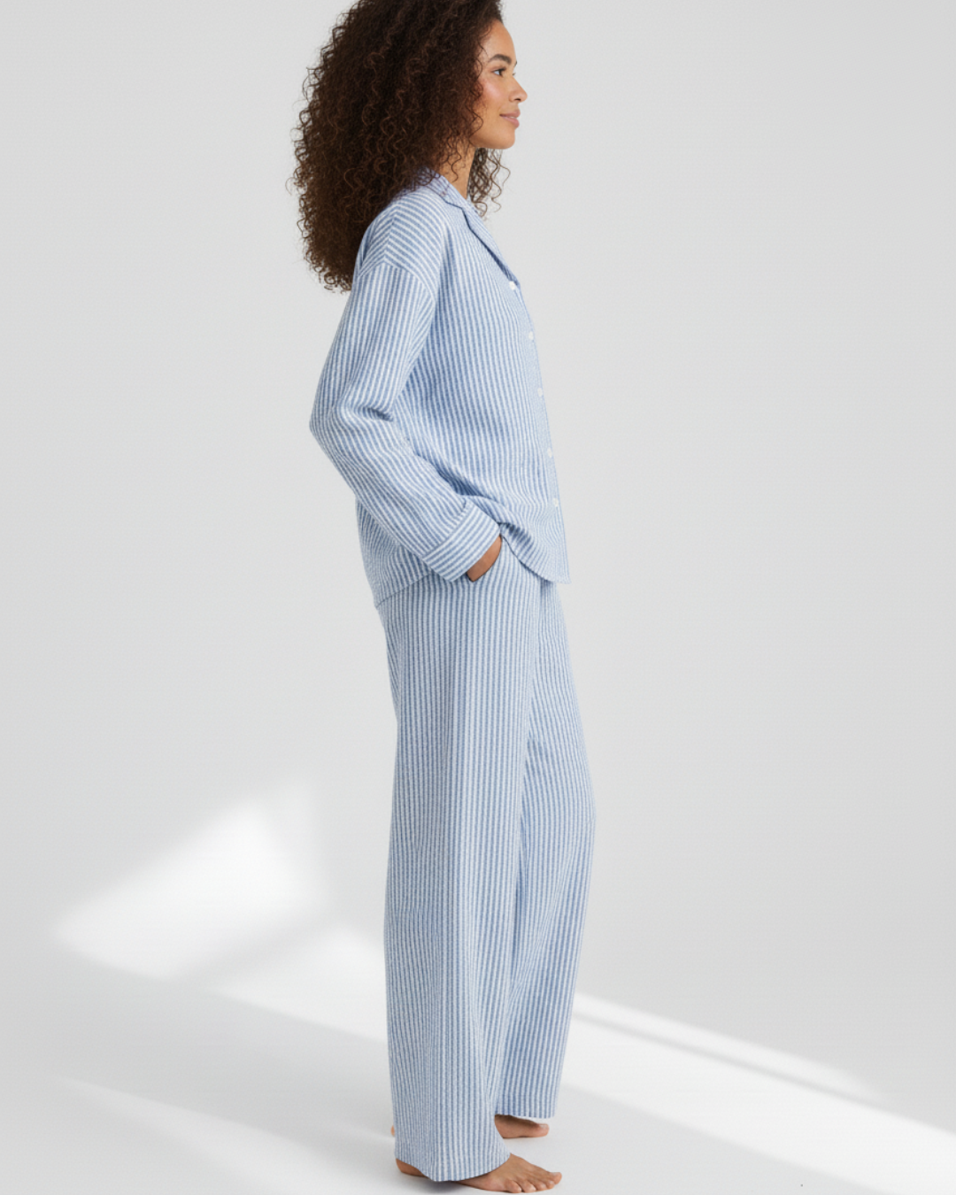 Blue Striped Long Pajama Set – Classic Button-Up with Wide-Leg Pants