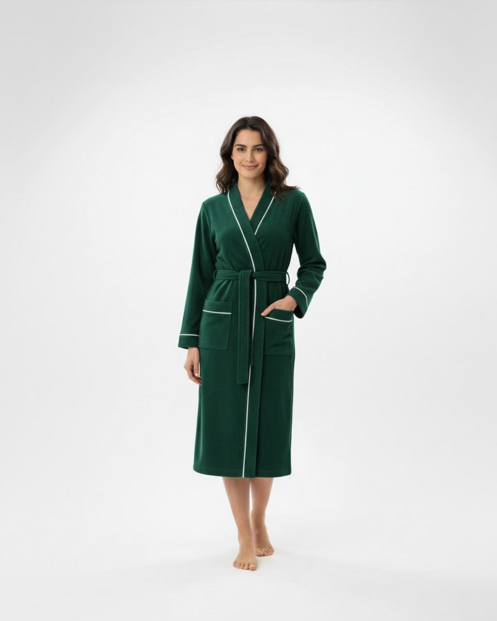 Women’s Bathrobe with Piping – Long Cotton Robe with Belt and Pockets