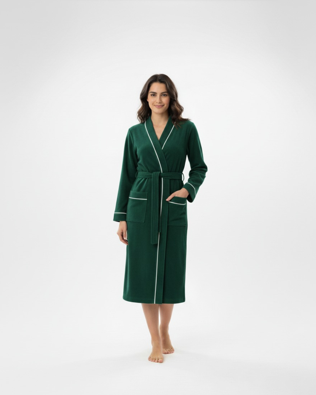 Women’s Bathrobe with Piping – Long Cotton Robe with Belt and Pockets