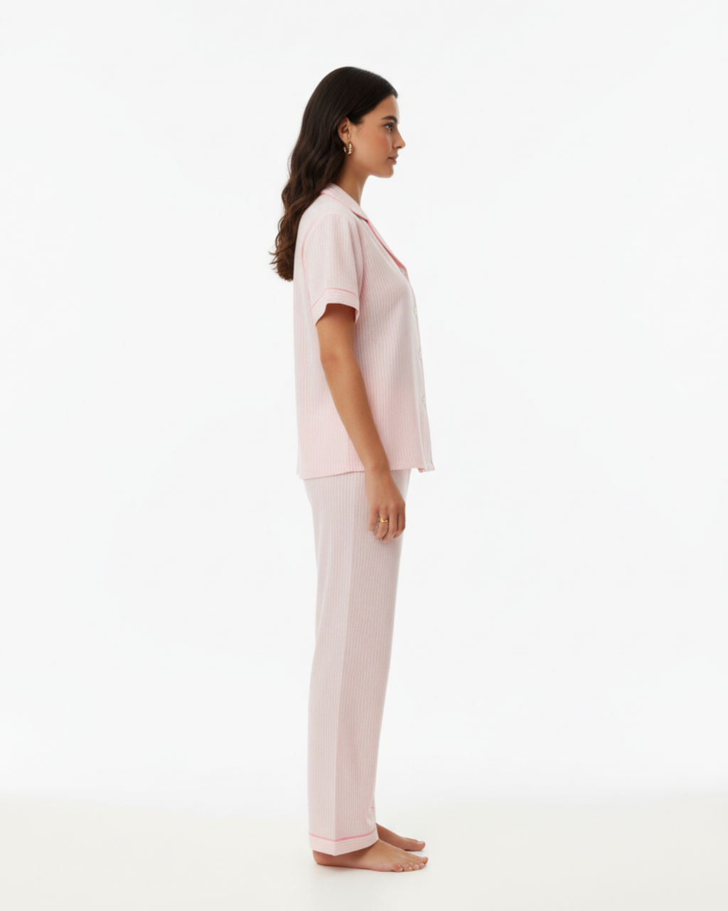 Women’s Pink Striped Pajama Set – Short Sleeve Button-Up Top and Long Pants