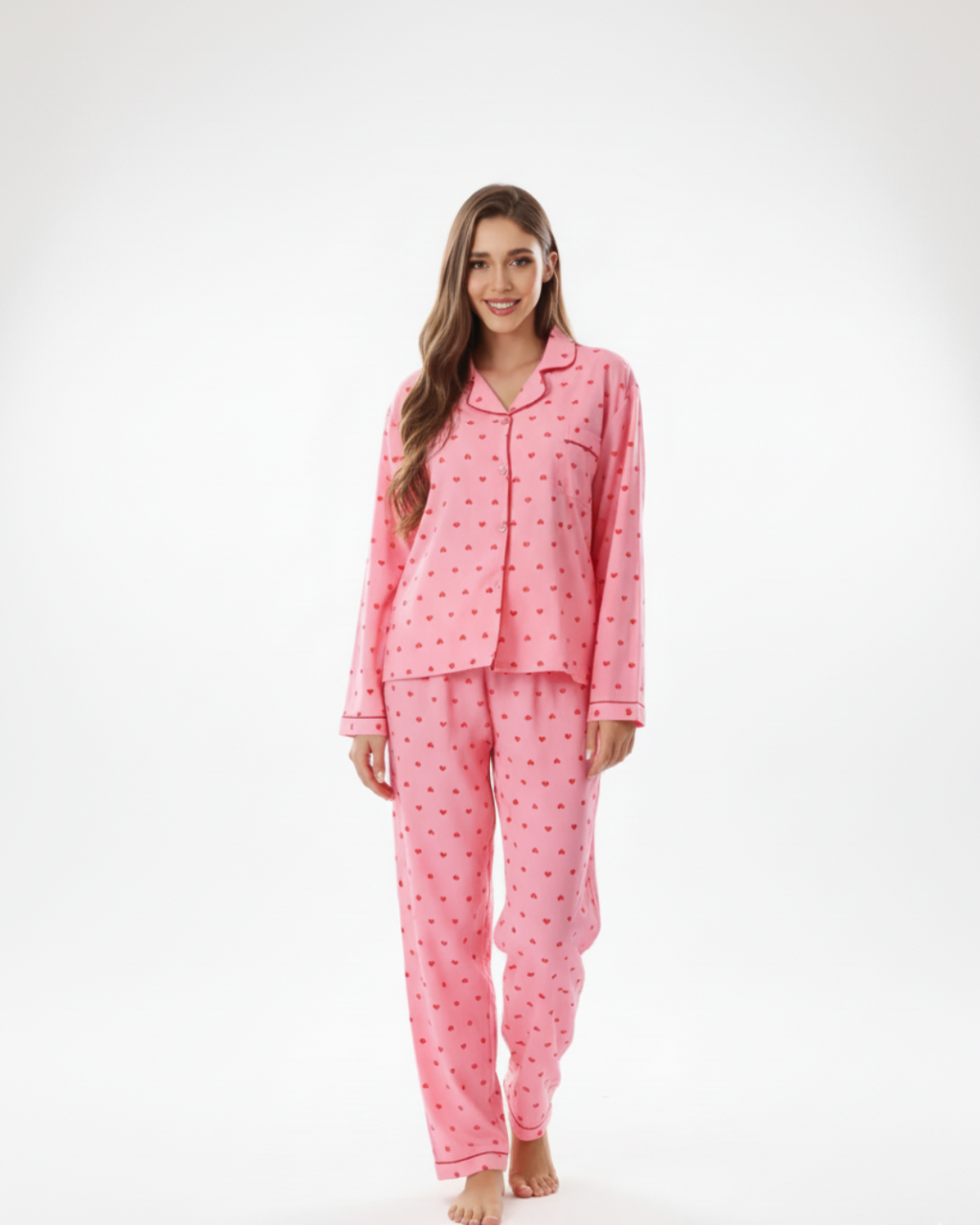 Women’s Pink Heart Print Pajama Set – Long Sleeve Button Down Top and Pants