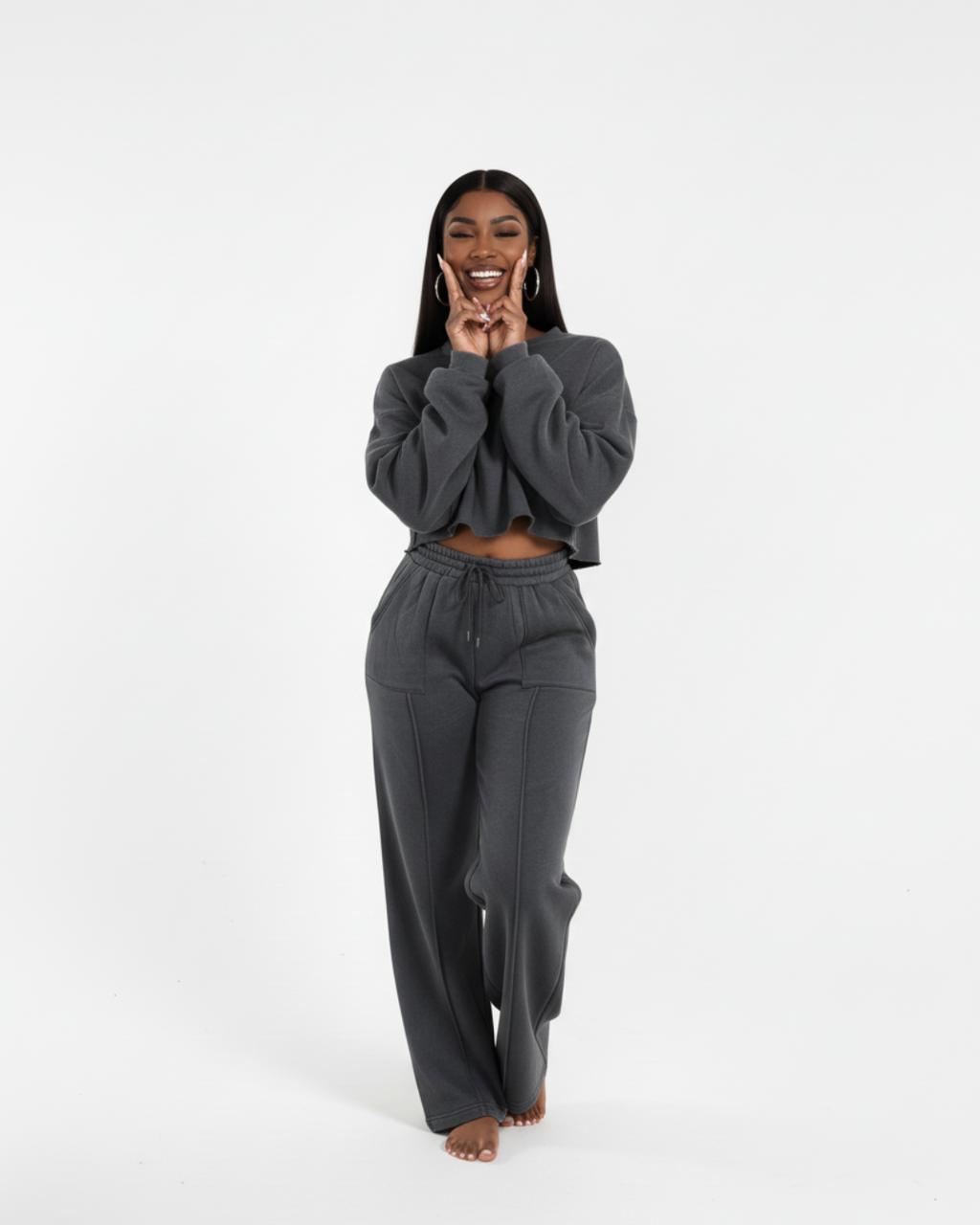 Women’s Dark Charcoal Tracksuit – Soft Two Piece Lounge Set with Cropped Sweatshirt
